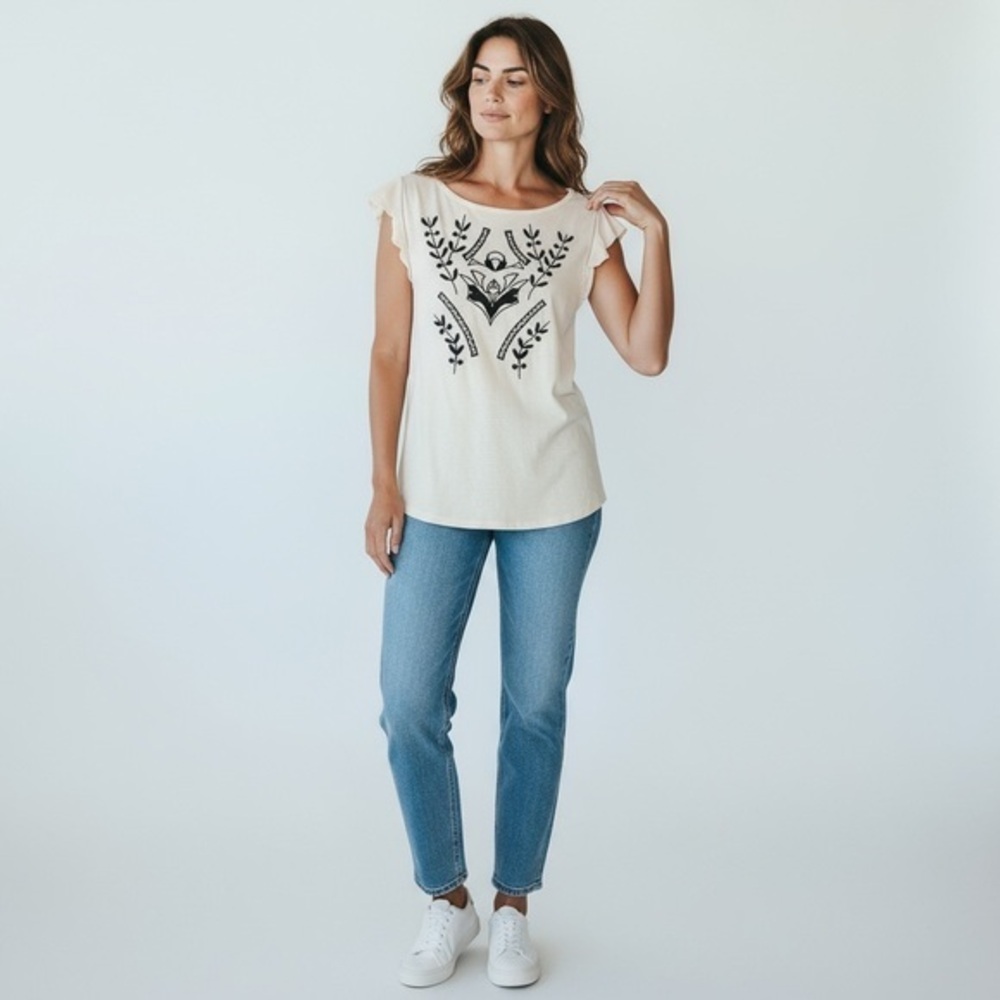 LOFT short sleeve blouse - embroidered cotton, ruffle cap sleeve Size M